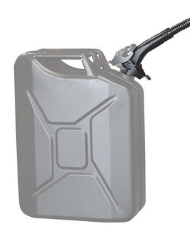 A metal spout with rubber nozzel that fits onto the Front Runner 20L Jerry Can.