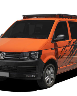 This 2570mm/101.2'' long full-size Slimline II cargo roof rack kit contains the Slimline II Tray, Wind Deflector and 2 Foot Rails to mount the Slimline II Tray to your Volkswagen T5/T6 Transporter SWB. It easily installs using the existing factory mounting points. No drilling required.