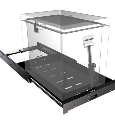 This slide out tray offers easy access to a fridge (52L and smaller) and/or other stored gear with a low profile, rigid design. Product Dimensions: 793mm (31.2'') L x 535mm (21.1'') W x 85mm (3.3'') H
