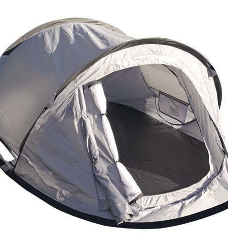 Two person ground tent. Instant set up: Just throw the tent and watch it unfold - then push in the tent stakes. Quickly folds up flat as a pancake.