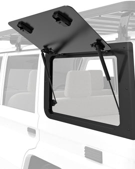 ​The Front Runner Aluminium Gullwing Window replaces the stock LEFT HAND rear window with an upward/outward opening window that is hinged at the top. Create easy access to the rear storage area of your Toyota Land Cruiser 76. 