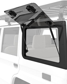 ​The Front Runner Glass Gullwing Window replaces the stock LEFT HAND rear window with an upward/outward opening window that is hinged at the top. Create easy access to the rear storage area of your Toyota Land Cruiser 76. 