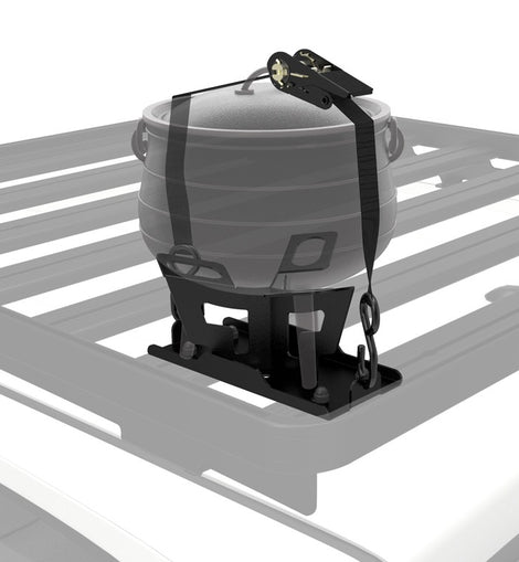 A bracket that securely carries a no.2/3 potjie pot by bolting onto your Slimline/Slimline II roof rack.