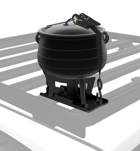 Elevate your camp kitchen by cooking and baking in the fire with a Potjie Pot / Dutch oven. This #3 size Potjie Pot and off-road tough bracket combo bolts quickly and easily onto any Front Runner Rack Tray.