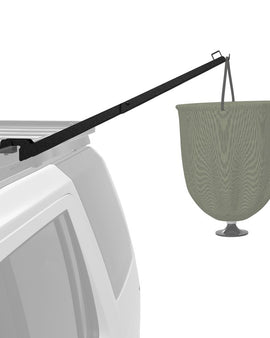 Mount the base plate to the slats on the sides of a Front Runner Roof Rack Tray, then quickly snap in and retract the folded arm for the perfect solution for hanging your solar shower or showerhead.
