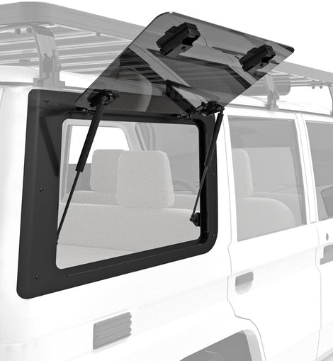 ​The Front Runner Glass Gullwing Window replaces the stock RIGHT HAND rear window with an upward/outward opening window that is hinged at the top. Create easy access to the rear storage area of your Toyota Land Cruiser 76. 