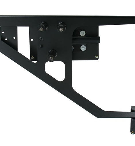 A spare wheel carrier that mounts onto your Land Rover Defender 90 110 Station Wagon and keeps that spare wheel safe and secure.