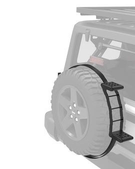 Strap these steps on your spare wheel. A simple, non-permanent ladder solution for accessing your vehicle’s roof top.
