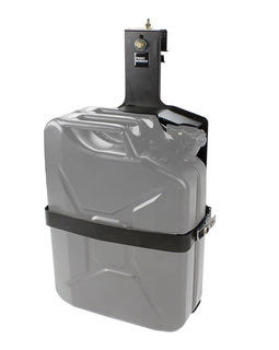 The same trusted and off-rough tough Front Runner lockable Jerry Can Holder, only conveniently reconfigured to mount on the side of the vehicle via a gutter mount.