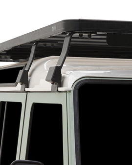 This 2772mm/109'' long full-size Slimline II cargo carrying roof rack kit for the Land Rover Defender 110 contains Slimline II Tray and Wind Deflector, as well as 8 Gutter Mount legs for mounting the Tray to the vehicle. It installs easily with no drilling required