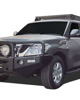 This 2166mm/85.3 long, full-size Slimline II cargo roof rack kit contains the Slimline II Tray, Wind Deflector and 2 Foot Rails to mount the Slimline II Tray to your Nissan Patrol/Armada Y62. It easily installs using the existing factory mounting points. No drilling required.
