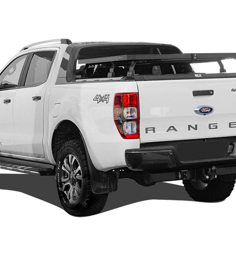 This kit creates a full-size rack that sits above your Ford Ranger Wildtrak's load bed when fitted with a Roll Top Cover. This Slimline II cargo carrying rack kit contains the Slimline II tray (1425mm x 1156mm) and 6 Pickup Roll Top Leg Mounts that fit into the existing factory/OEM tracks in your Roll Top Cover.