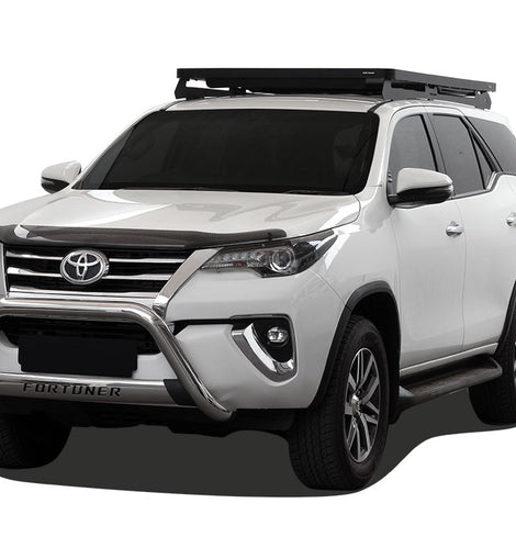 This 1964mm/77.3'' long full-size Slimline II cargo roof rack kit contains the Slimline II Tray, Wind Deflector and 2 Foot Rails to mount the Slimline II Tray to your 2016+ Toyota Fortuner. It easily installs using the existing factory mounting points. No drilling required.