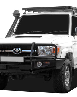 This 2368mm/93.2'' long full-size Slimline II cargo carrying roof rack kit for the Toyota Land Cruiser 76 contains Slimline II Tray and Wind Deflector, as well as 8 Gutter Mount legs for mounting the Tray to the vehicle. It installs easily with no drilling required.