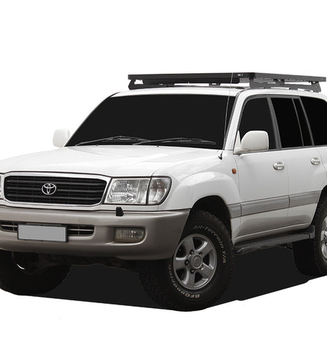 This 1964mm/77.3'' long, full-size, Slimline II cargo roof rack kit contains the Slimline II Tray, Wind Deflector and 2 Foot Rails to mount the Slimline II Tray to your Toyota Land Cruiser 100/Lexus LX470. It easily installs using the existing factory mounting points. No drilling required.