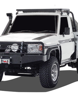 This 752mm/29.6'' long, full-size, Slimline II cargo carrying roof rack kit for your Toyota Land Cruiser Pickup contains Slimline II Tray and Wind Deflector, as well as 4 Gutter Mount Legs for mounting the Tray to the vehicle. Installs easily with no drilling required.