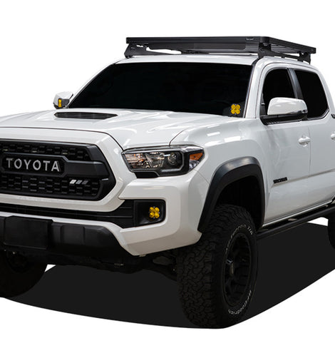 This 1358mm/53.5'' long full-size Slimline II cargo roof rack kit contains the Slimline II Tray, Wind Deflector and 2 Foot Rails to mount the Slimline II Tray to your 2005+ Tacoma Double Cab. It easily installs using the existing factory mounting points. No drilling required. Compatible with ''shark fin'' antenna.