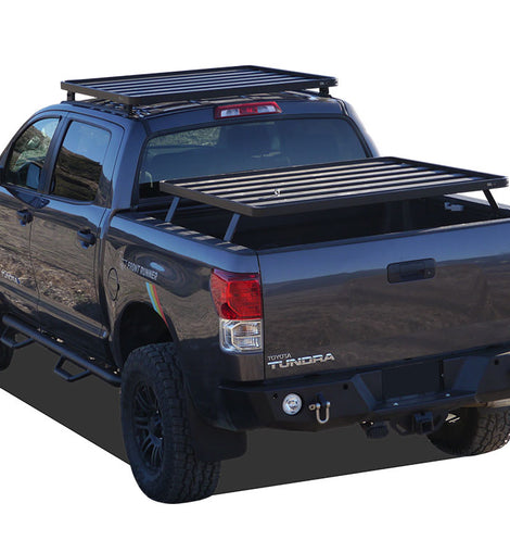 This kit creates a full size rack that sits above your Toyota Tundra DC 4-Door's truck bed. This Slimline II cargo carrying rack kit contains the Slimline II tray (1475mm/58.1'' (W) x 1358mm/53.5'' (L)), 2 Tracks, and 4 Pickup Truck Bed Universal Legs that fit into the Tracks. Drilling is required for installation.