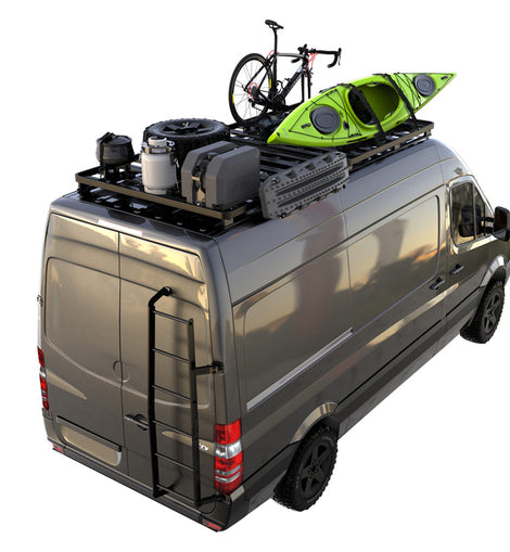 This 3120mm/122.8'' long, full-size, Slimline II cargo carrying roof rack kit for the Dodge Sprinter (2007+) contains 2 Slimline II Trays, Wind Deflector, Track set and 12 Mounting Feet. Drilling is required for installation.